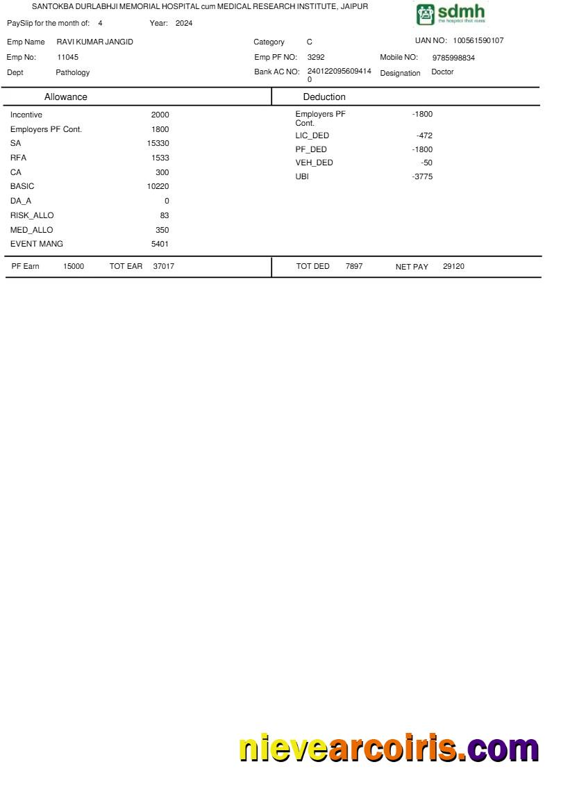 Santokba Durlabhji Memorial Hospital payslip